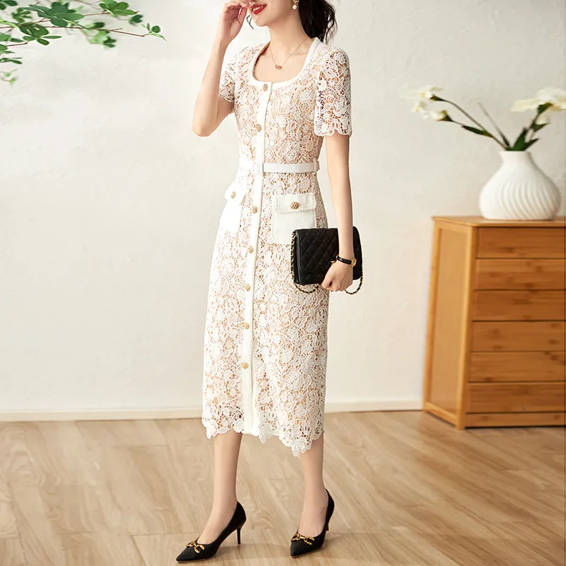 Casual Dresses Self Portrait Ladies Maxi Embroidered Sexy Square Neck Cutout Belted Shirt Dress