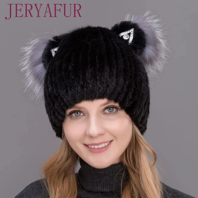 Chapéus Chapéus JERYAFUR Inverno Mulheres Mink Chapéu Vertical Tecelagem Genuína Natural Fur Cap Linda Orelhas de Gato Estilo 231124