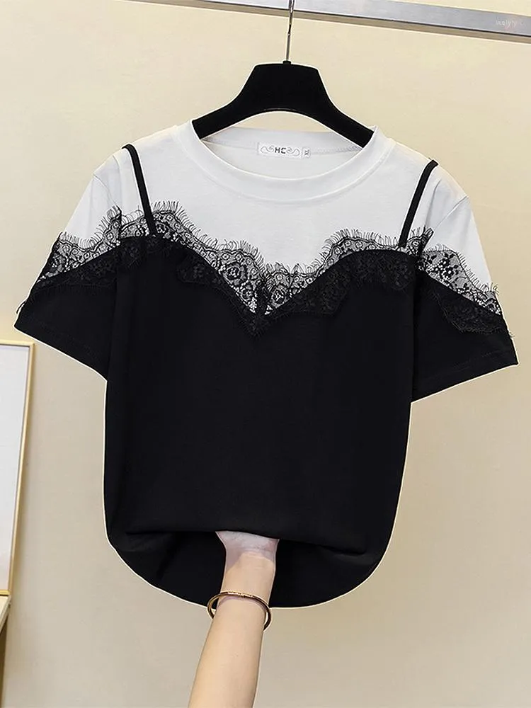 Women's T Shirts Bobokateer Summer Short Sleeve Top Loose Casual T-shirt Femme Camiseta Mujer Lace Patchwork Cotton Tshirts Women Fashion