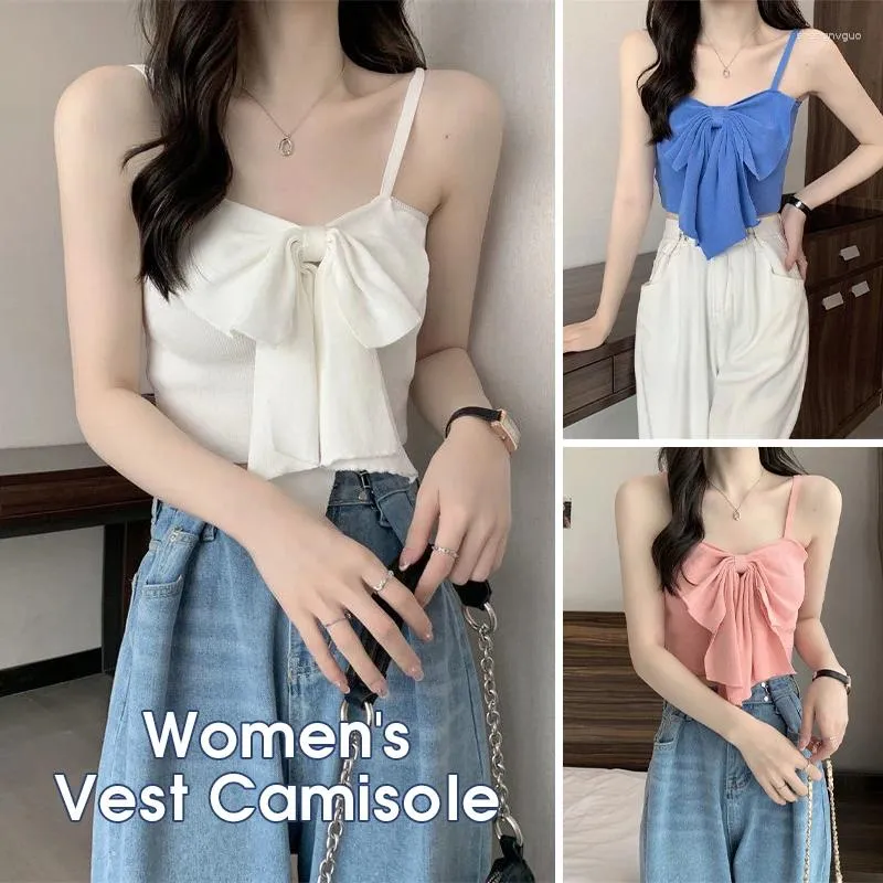 Kvinnotankar koreanska söta kvinnor camis vit/rosa båge skörd topp ärmlös suspender väst stickad smal sexig grundläggande streetwear sommar tee