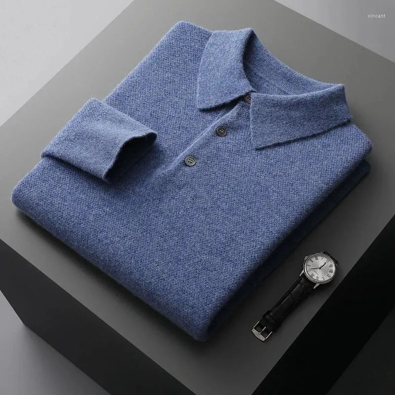 Herrtröjor Autumn Winter Merino Wool Polo Collar Pullover Honeycomb Needle Shirt Fashion Sticked Jacket