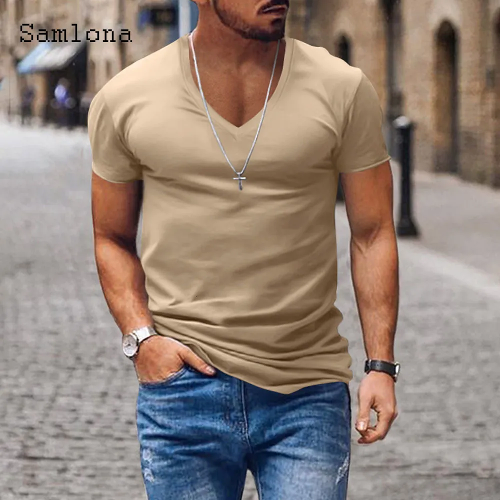 T-shirts pour hommes Samlona Plus Size Hommes Casual Chemises à col en V Mode européenne Tops Hommes Pulls à manches courtes Kaki Blanc T-shirt Vêtements 230425