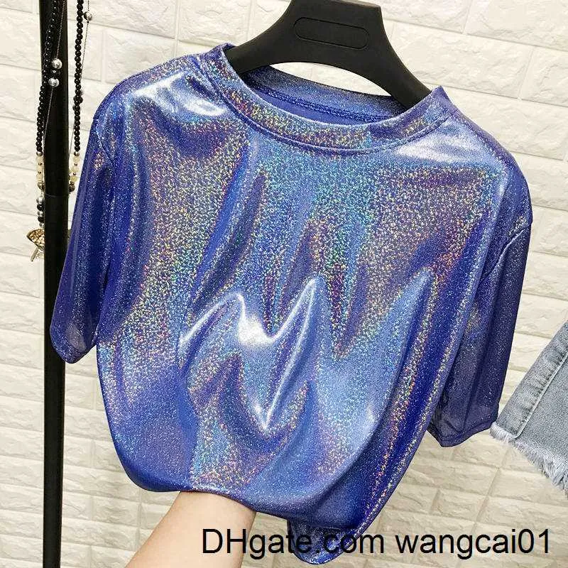 wangcai01T-shirt femme T-shirt femme T-shirt ample scintille réfléchissant manches courtes