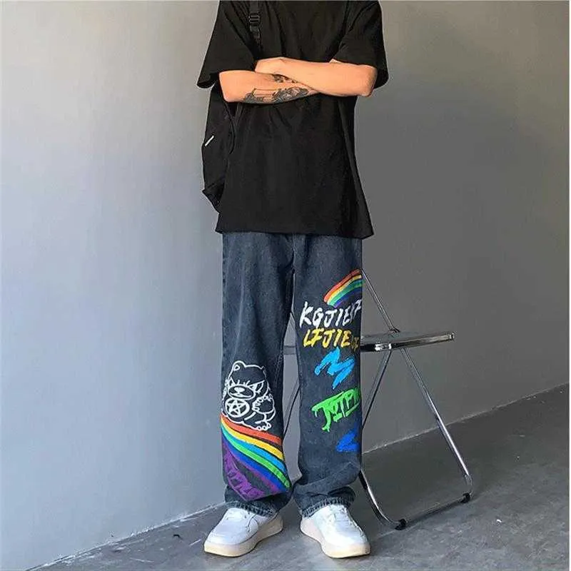 Jeans masculinos Men Jeans Imprimir impressão de jeans retos solteiros para homens e mulheres 2022 Primavera Andautumn Cartoon Graffiti Troushers Black J230420