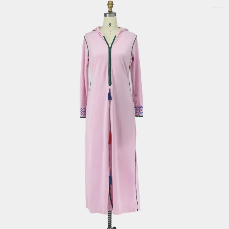 Etnik Giyim Abaya Kadınlar İçin Pembe V-Neck Ramazan 2023 Robe Jellaba Uzun Kollu Fas Kaftan Dubai Muslin İslam Elbise