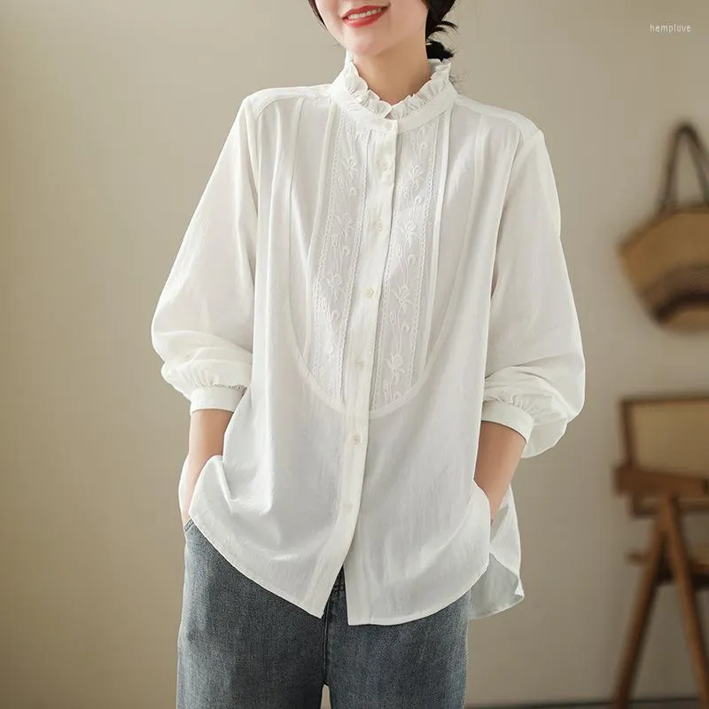 Blouses pour femmes Vintage broderie Baggy Top 2023 printemps automne femmes blanc coton Blouse mode à volants cou à manches longues chemise boutonnée