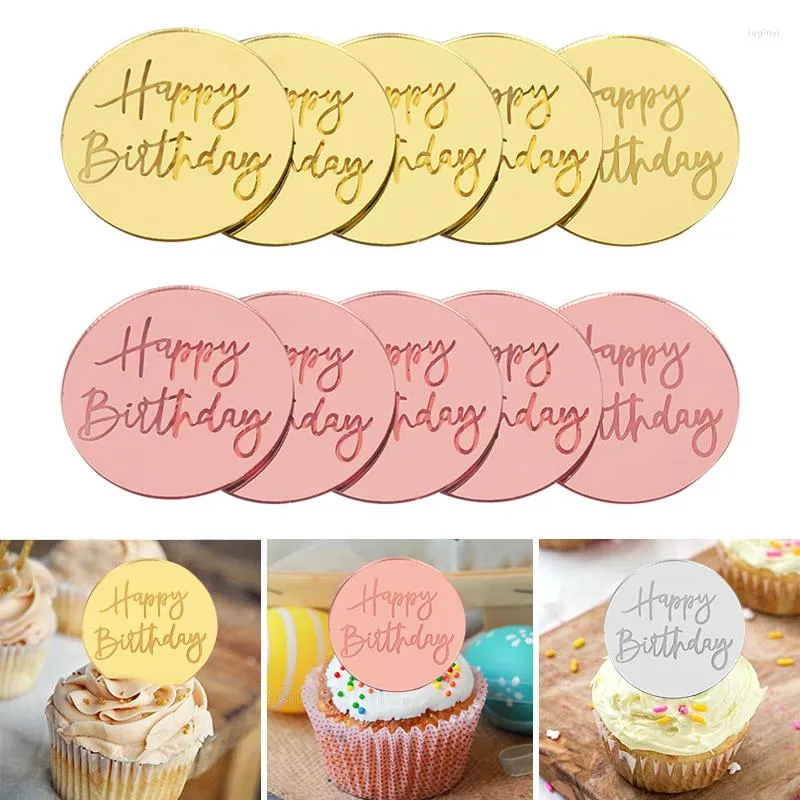 Festliga leveranser 10st Grattis på födelsedagen cupcake toppers guld akrylcirkel dessert kaka diy dekorationer infoga kort barn fest