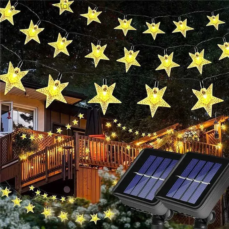 Lampy trawnikowe 100 -LED Słoneczne Star String Light 8 Tryb Wodoodporny Wodoodporny płatek śniegu kwiat Fairy Light For Lawn Garden Patio Dekorun