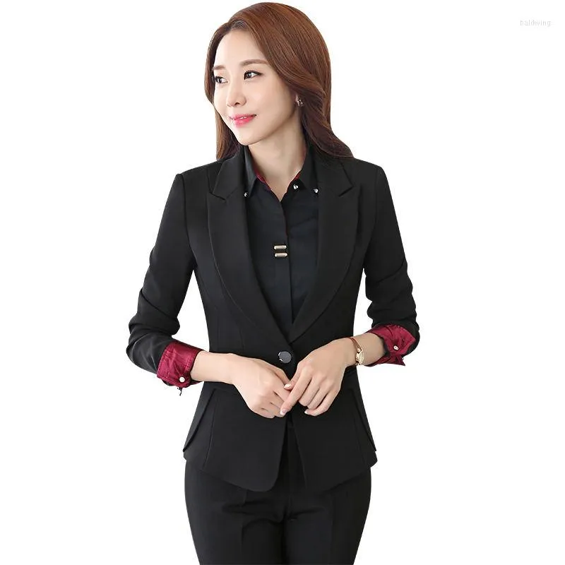 Survêtements pour femmes Col blanc Business Wear Costumes pour femmes Printemps et automne hiver Costume à manches longues Interview Uniformes OL Noir