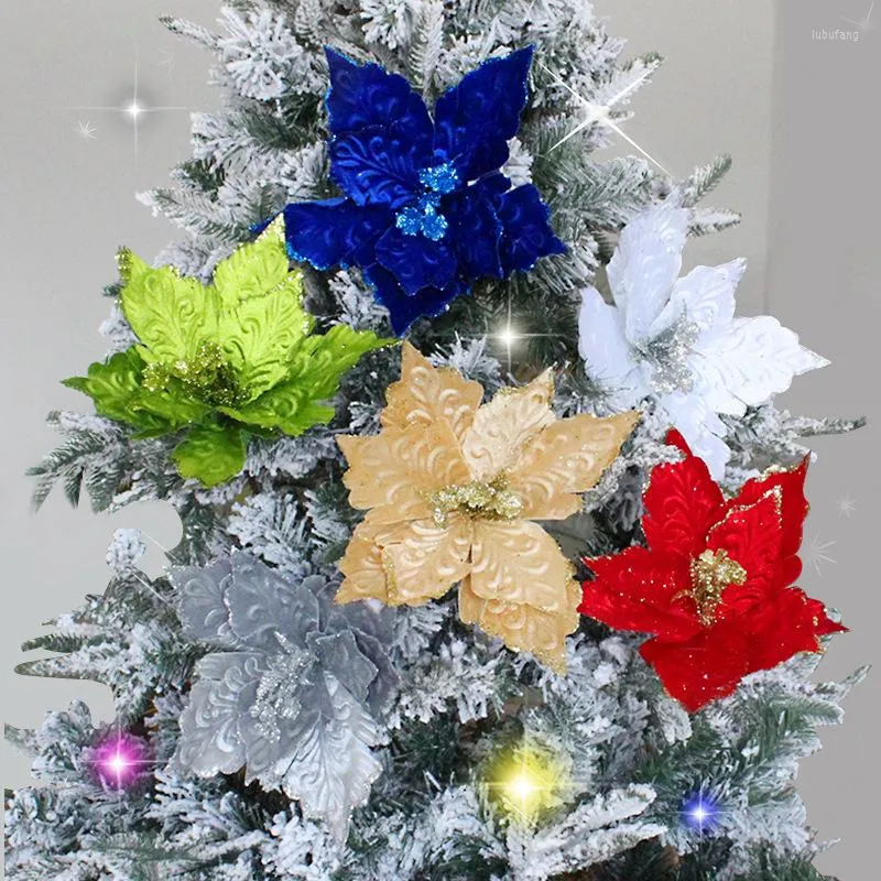 Flores decorativas Brillo Artificial Navidad Árbol de Navidad Adornos Decoraciones alegres para el hogar Año Regalo Navidad 28x28cm
