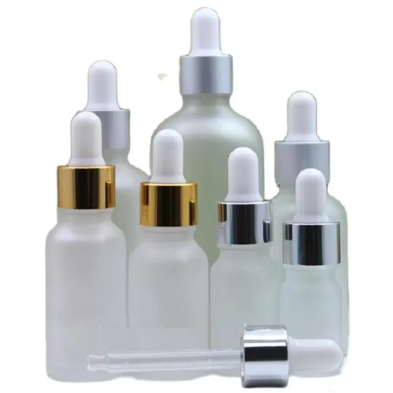 Flacon compte-gouttes en verre givré simple couvercle en or argenté dessus en caoutchouc blanc contenant d'emballage cosmétique vide flacons d'huile essentielle 5 ml 10 ml 15 ml 20 ml 30 ml 50 ml 100 ml