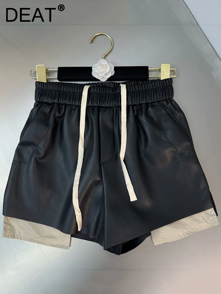 Women's Shorts DEAT Spring Fashion Contrast Color Pleated Patchwork Short Pants Women Elastic Waist Hip Wrap Leather Shorts Lady 11P01104 230425