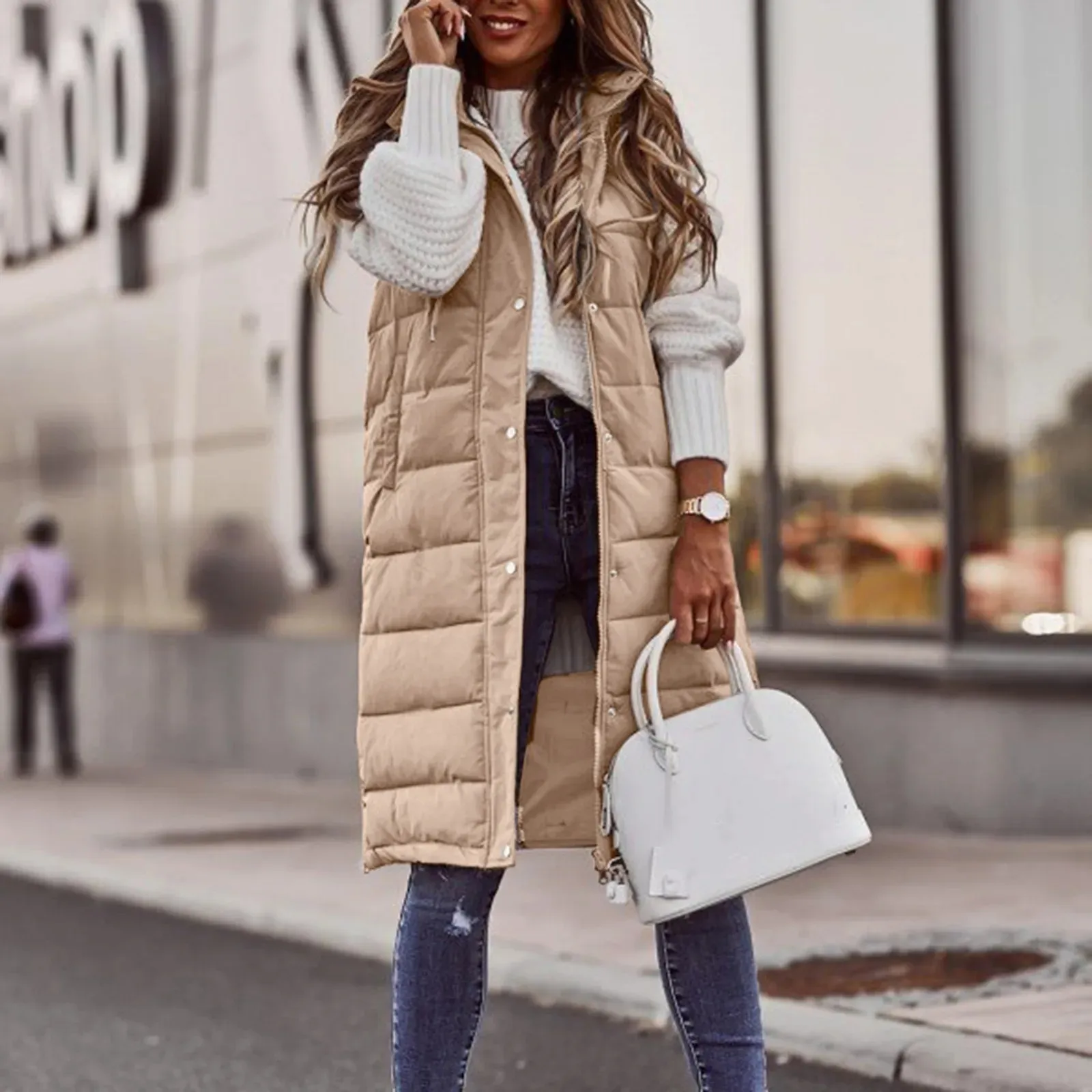플러스 사이즈 여성의 긴 다운 재킷 여성 조끼 가을 겉옷 겨울 캐주얼 한 색 단색 후드 패딩 조끼 레이디 패션 민소매 코트
