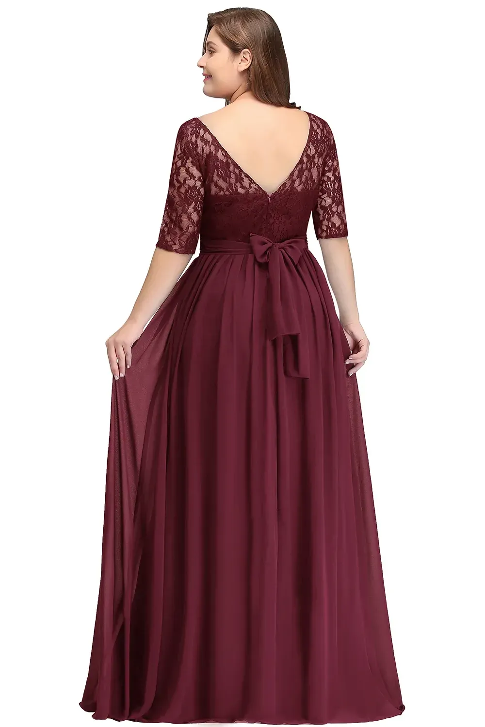 Burgundy Chiffon long Burgundy bridesmaid dresses with Lace Bodice and Illusion Sleeves - BABYNICE666