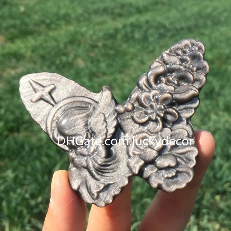 Natural Silver Shine Ossidiana Farfalla Angelo Teschio Artigianato Splendida Energia di Guarigione Positiva Cristallo di Quarzo Scolpito Moon Angel Figurine per Meditazione Witchy Decor