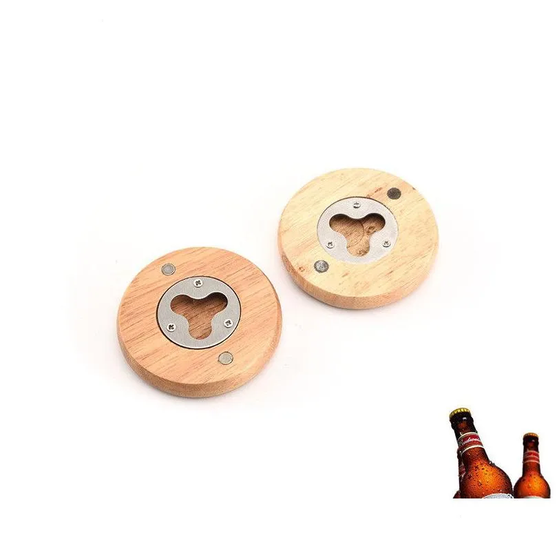Otwieracze drewniane okrągłe kształt butelki piwo otwieracz butelka Coaster Dekoracja domu 7.1x1.2 cm stal nierdzewna RRA2856 DOSTAWA DOSTAWOWA KUCHNA DHJUE