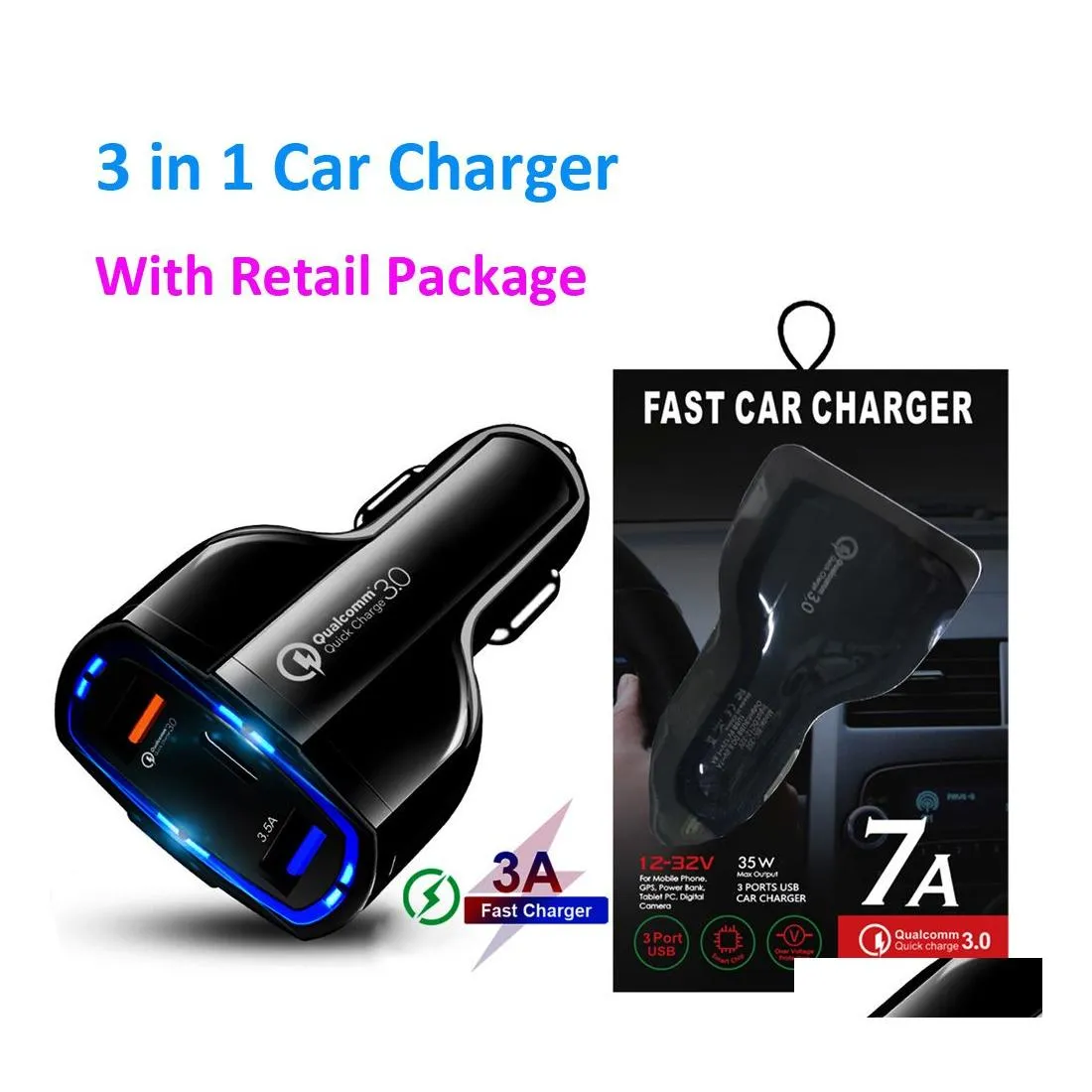 Mobiltelefonladdare 3 i 1 typ C Dual USB -billaddare 5A PD Quick Charge QC 3.0 Snabbladdning Adapter för Android med Retail Drop DHTUP