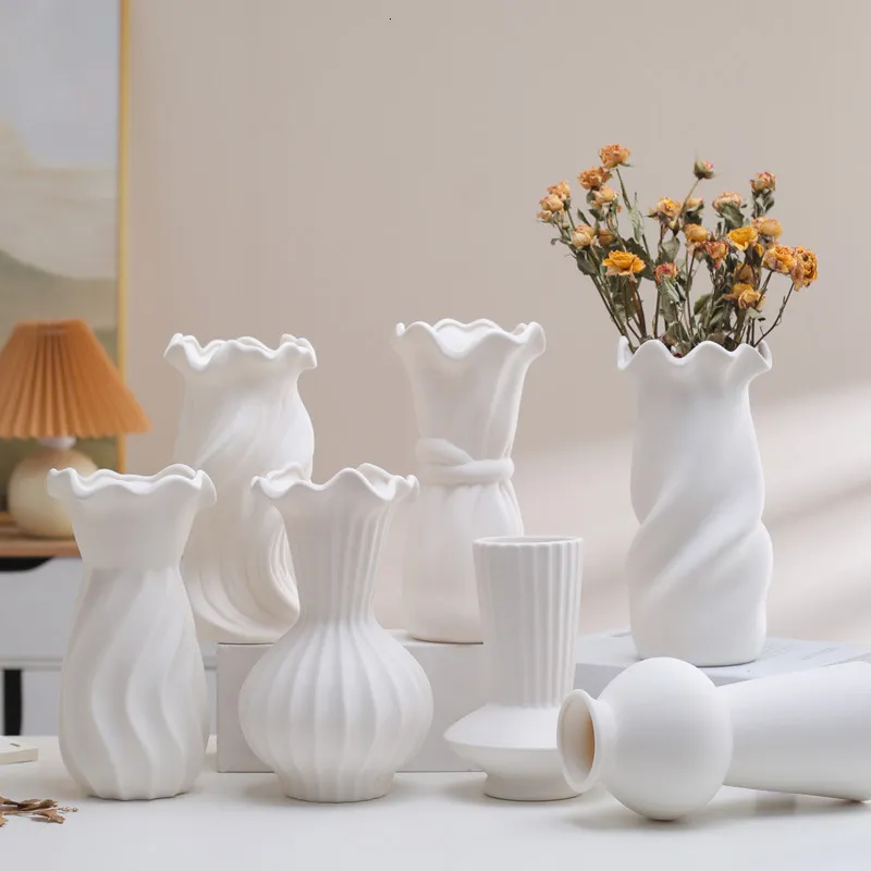 Vasos Cerâmica branca Cerâmica moderna Fazenda Boho Pot de flor nórdica para área de trabalho para desktop Sala de estar Home Decoration Acessórios Gream 230425