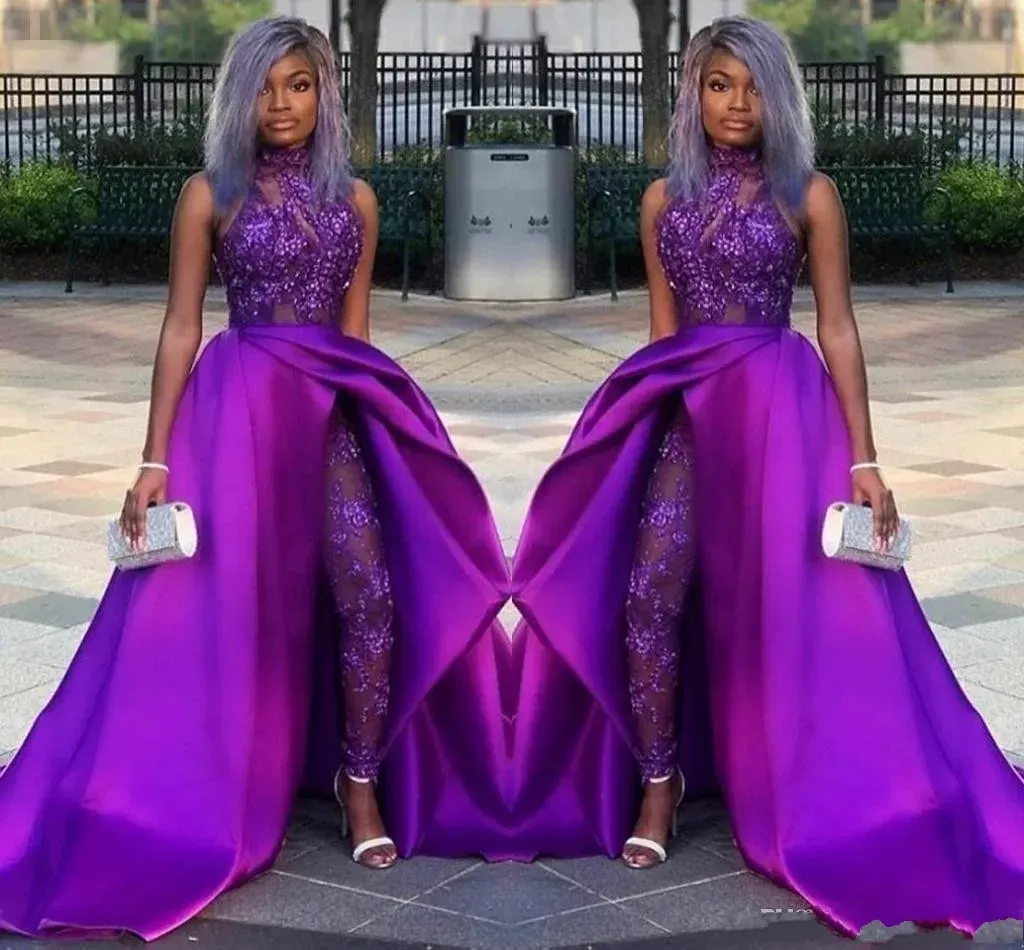 Purple Jumpsuits Prom Dresses with Detachable Train High Neck Lace Appliqued Bead Evening African Party Gowns Plus Size