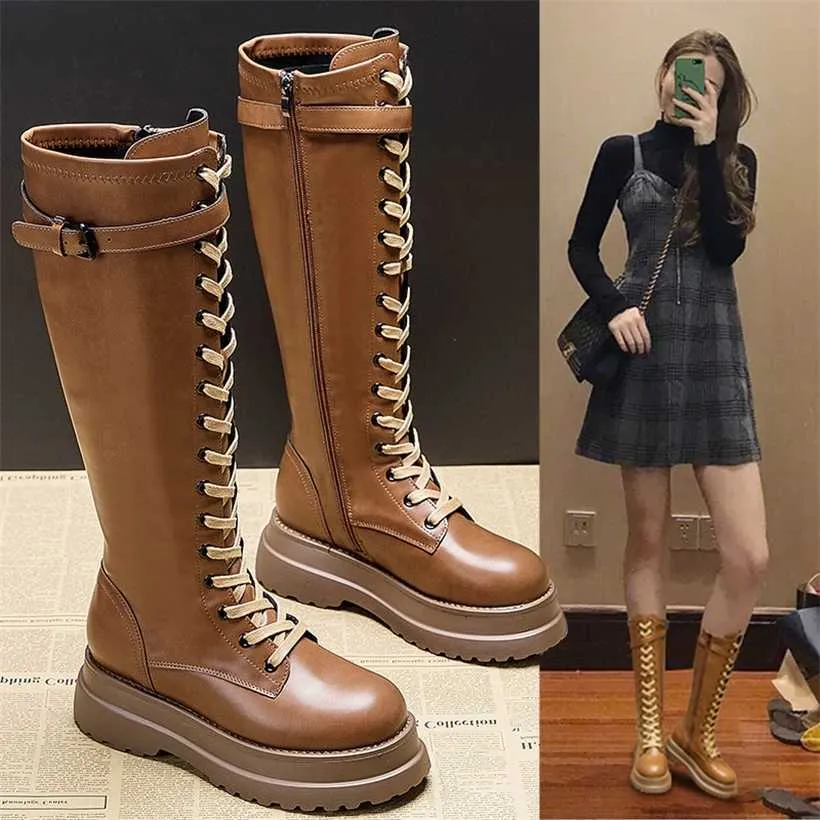 Boots Knight Female New Small Knee Length High Barrel Lace Thick Sole Elevated Display Martin 230830