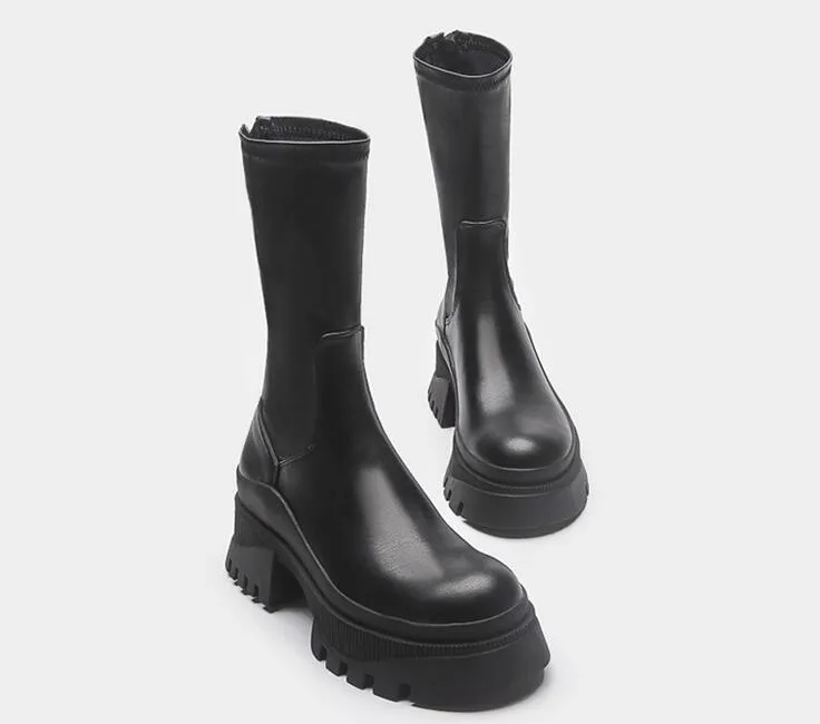 2023 novo estilo britânico botas martin de dedo redondo com salto grosso e chelsea botas de cavaleiro finas de comprimento médio para mulheres botas curtas