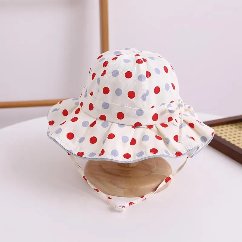 Hattar Little Kid Dot Printed Sun Hat Girl Fold Brim Bowtie Cotton Cap 2023 Baby Child Spring Summer Sunshade 6-24 Månad