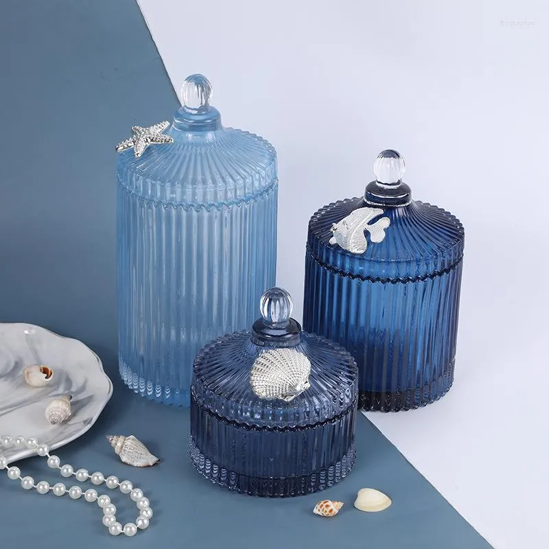 Bouteilles De Stockage Nordic Ocean Wind Bocaux En Verre En Relief Avec Couvercle Bonbons Bijoux Café Arôme Bougie Décoration De La Maison Ornements Bleu Pur