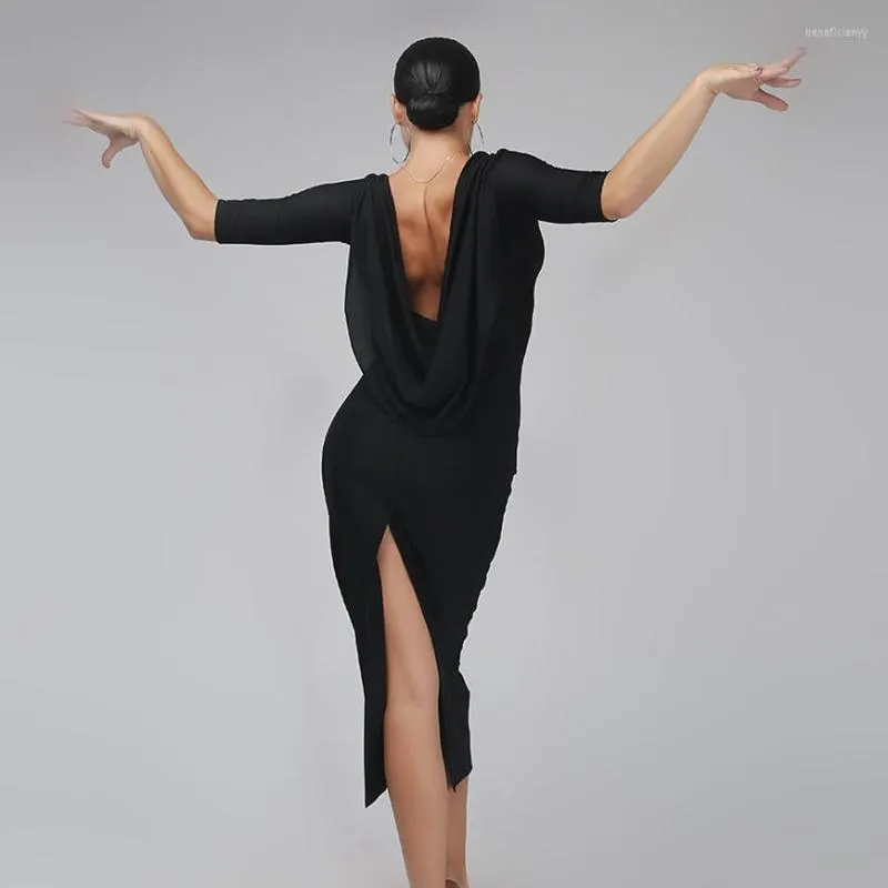 Stage Wear Black Bacless Sexy Latin Dance Dress Woman Rumba Samba kostuumperspectief Stitching Salsa Competition