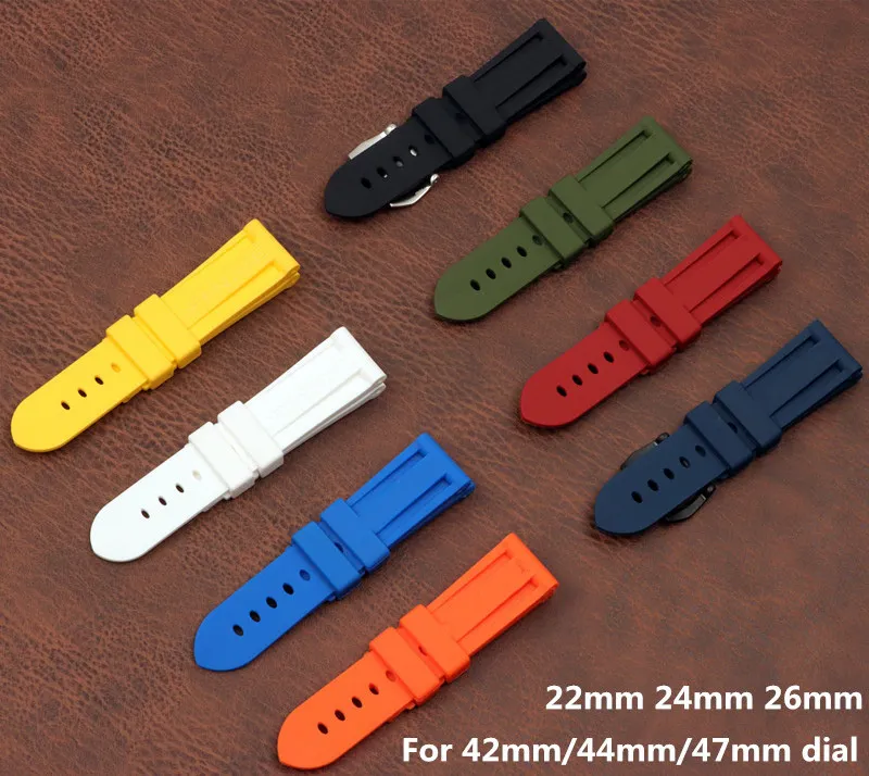 Titta på band 22mm 24mm 26mm Black Blue Red Orange Army Green Watch Band Silicone Rubber Watchband Byt ut för Panerai Rem Buckle 230425