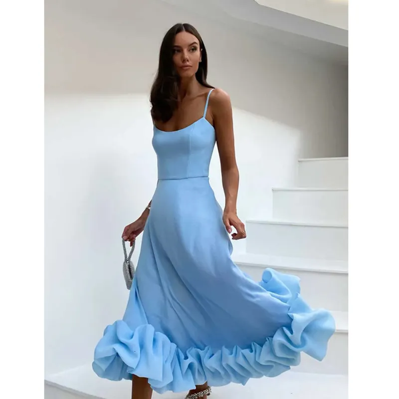 open lace back dress Half Sleeves Round Neck Blue Floral Long Prom Dresses, Blue Long Forma main image 1