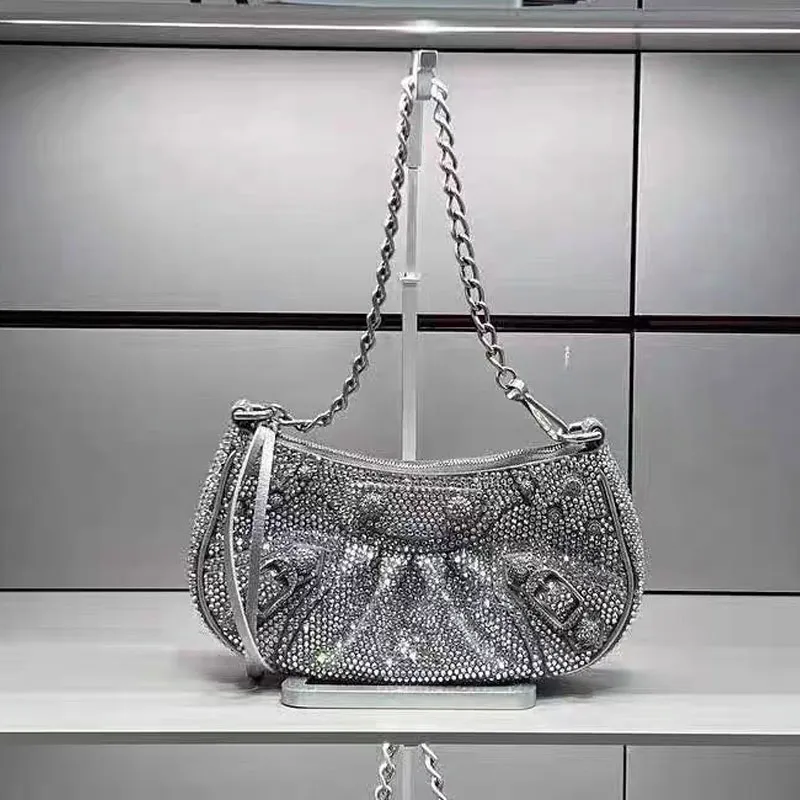 Woman Hobo Bags Rhinestone Motorcycle Bag Shimmer Crossbody Shoulder Crescent Bag Handbags Purses Diamonds Full Drill Silver Hardware Mirror Wallets High Quality