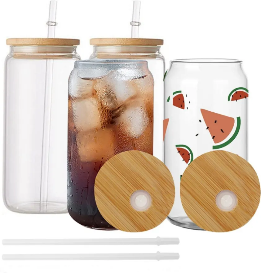 US CA Lokaal Magazijn 16oz Mokken Sublimatie Glas Bier Kan Vormige Kopjes Tumbler Bier Drinken Met Bamboe Deksel FY5118