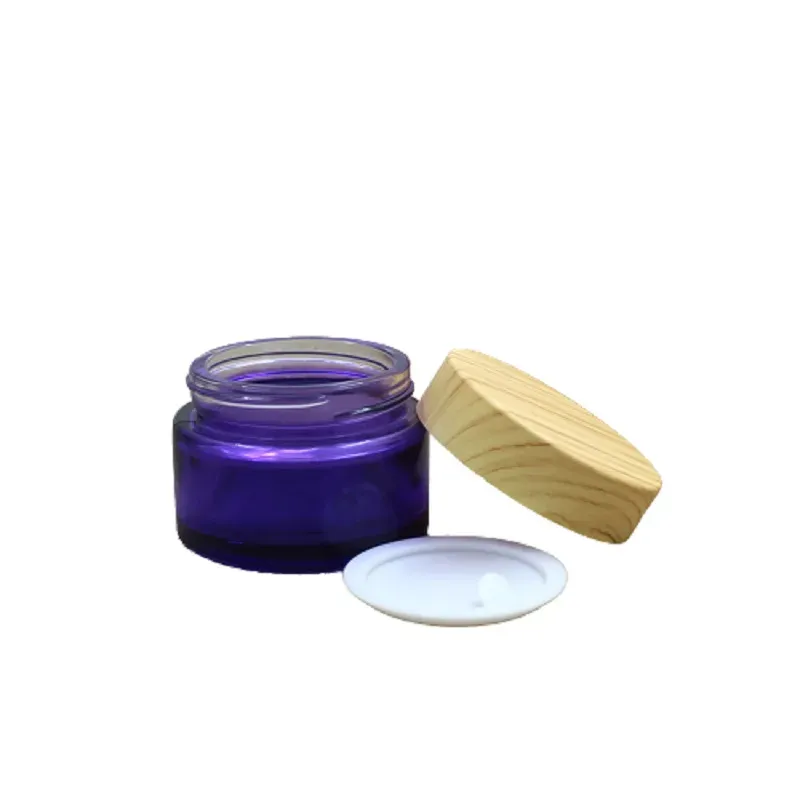 20G 30G 50G Bottiglia riutilizzabile in vetro trasparente viola Vasetti vuoti per crema per gli occhi Falso coperchio a vite in plastica di legno Imballaggio cosmetico Contenitore presa di fabbrica