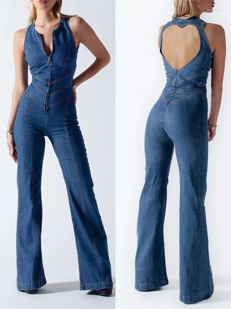 Combinaison moulante dos nu avec découpe en cœur pour femmes, tenue décontractée sans manches, Slim, une pièce, combinaisons en Denim rétro