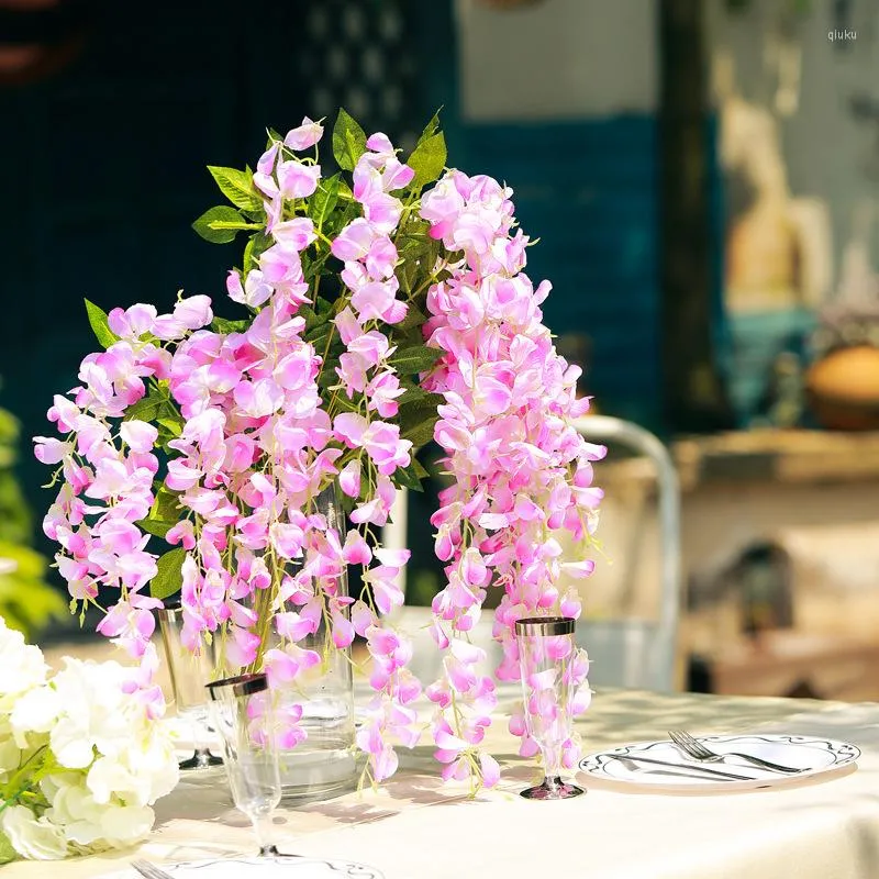 Dekorative Blumen, 1 Stück, 105 cm, künstliche Glyzinien-Blumenrebe, künstlich, mit grünen Blättern, für Hochzeitsdekoration, hängende Girlande, Heimdekoration