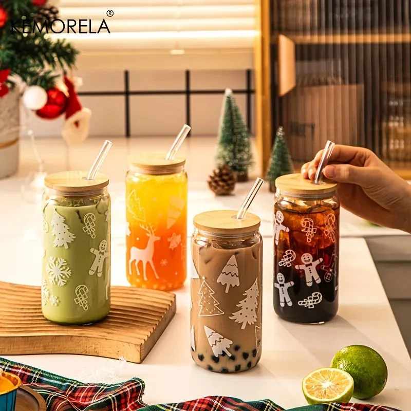 Canecas 16oz Cerveja de café de Natal pode copo de vidro com tampa e palha Xmas Tree Elk Tumbler Beber Copos Drinkware Jar Presentes 231124