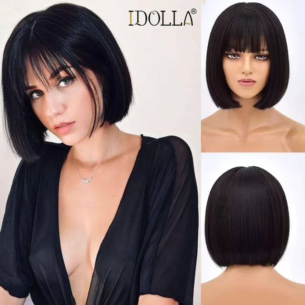 Synthetic Wigs Idolla Short Bob Wig With Full Bangs Natural Color For Black White Women Halloween Christmas Cosplay Lolita Hair 230425