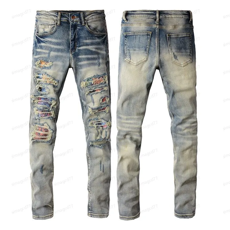 amiri bre para hombre High Street Jeans morados para hombre Pantalones bordados para mujer Oversize Ripped Patch Hole Deni 3036
