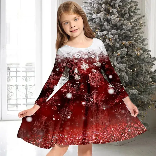 Платья для девочек Детская одежда Платье с длинными рукавами Большая распашная юбка с круглым вырезом Snow 231124