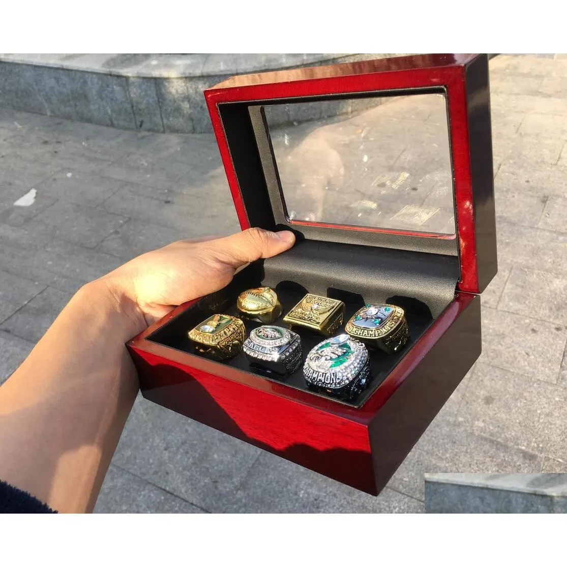 Anillos de racimo 6 unids Equipo Campeones Campeonato Anillo Conjunto con caja de madera Recuerdo Hombres Fan Regalo Drop Entrega Anillo de joyería DHI72