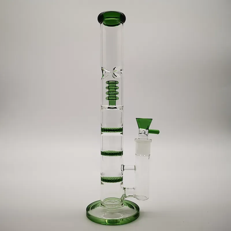 Triple Comb Perc Hookahs Glass Bong Straight Tube Birdcage Percolators Bongs 18mm Water Pipes With Oil Dab Rigs Blue Green Clear