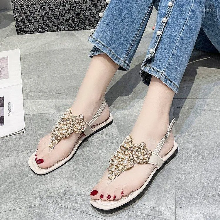 Sandals 2023 Women Ethnic Bohemia Flat Shoes Woman Crystal Flower Flip Flop Beach Casual Pearl Clip Foot Drag