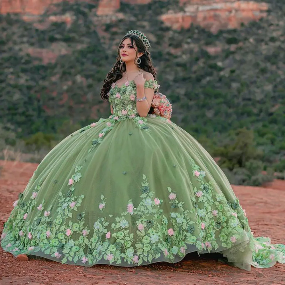 Verde salvia Fiori 3D Appliques floreali Pizzo Quinceanera Abiti Abito da ballo Principessa Dolce 15 Abito con spalle scoperte Corsetto Vestidos De XV Anos