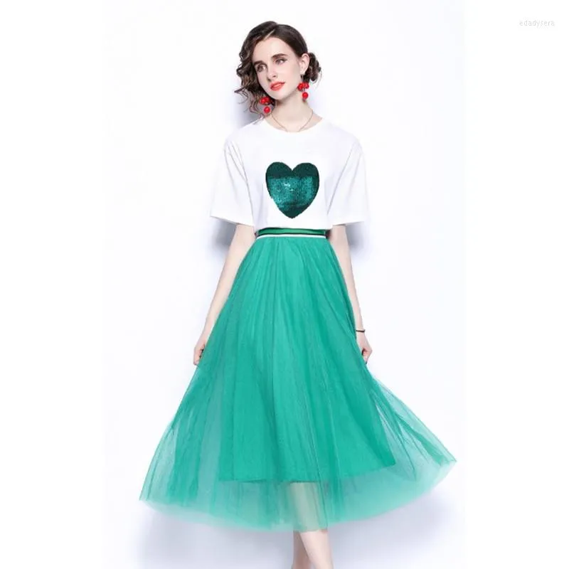 Work Dresses Summer Casual 2 Piece Set Women Simple Sequin Love White Loose T-Shirt Elastic Waist Green Mesh Long Skirt Suits Outfits Female