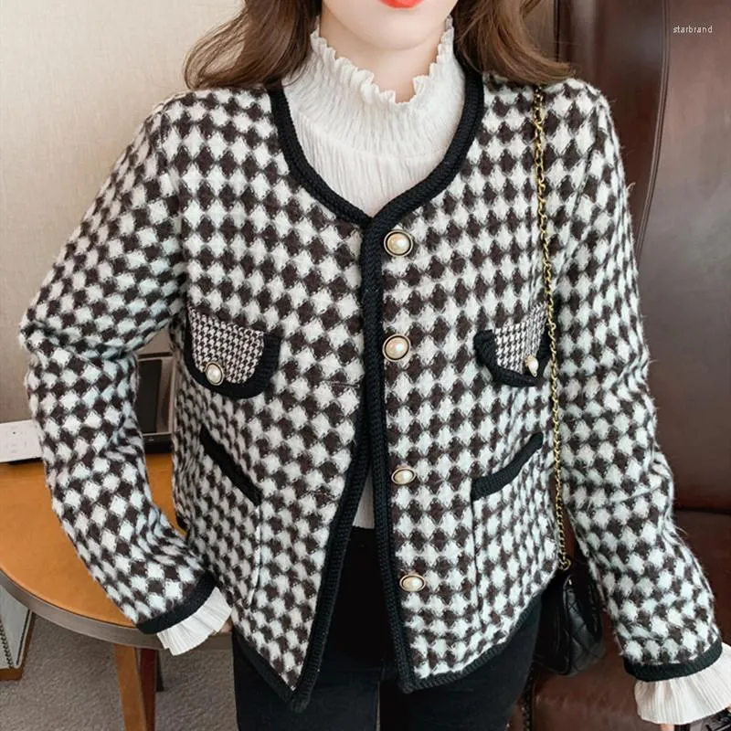 Jackets Women Office Lady Tweed Outerwear Feminino Feminino Feminino Feminino Pequeno Houndstooth Plaid com mangas compridas Jaqueta de peito único