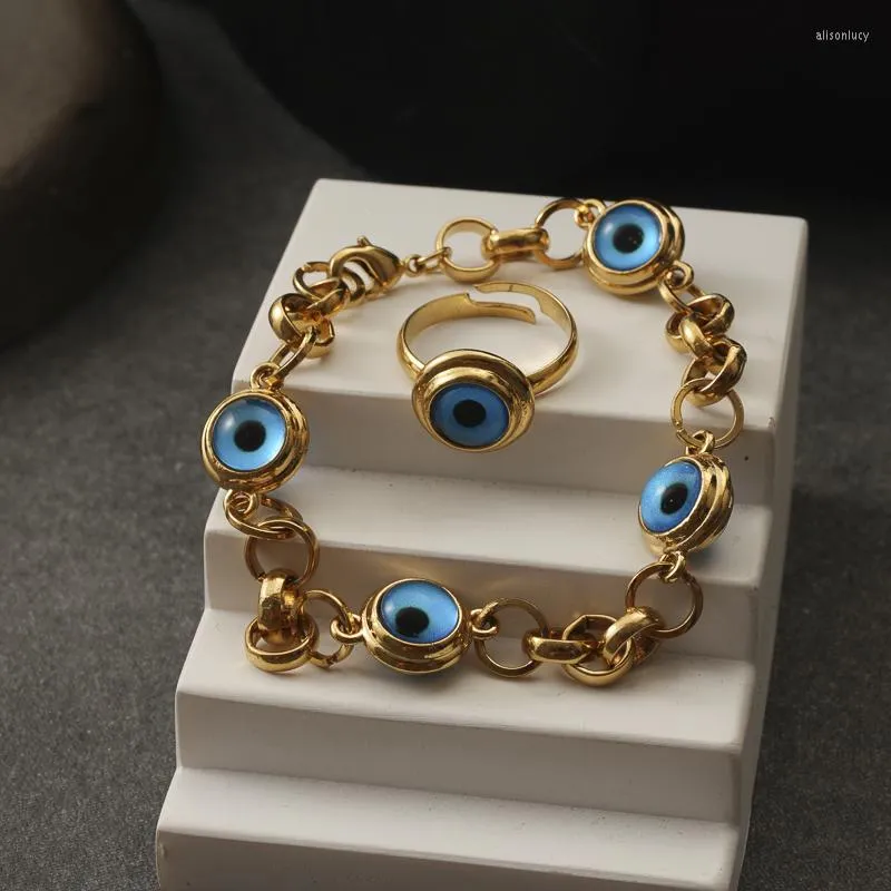 Collier boucles d'oreilles ensemble bijoux de mariage arabe Robe Costume turquie bleu oeil anneau Bracelet femmes cadeaux