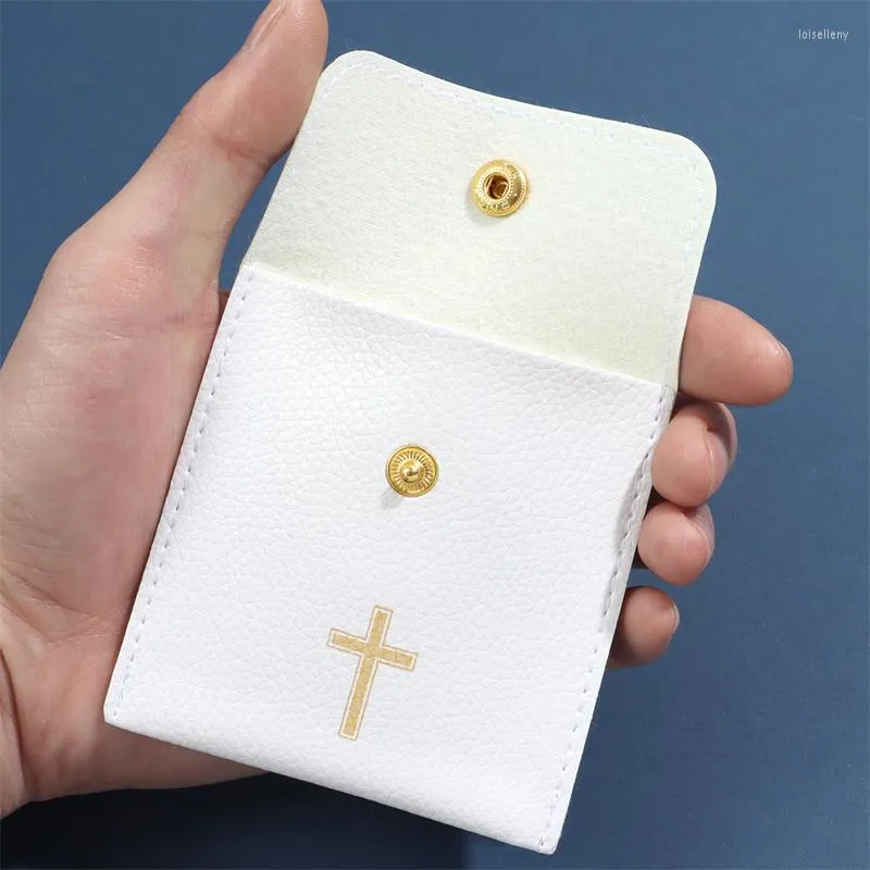 Bolsas de jóias bolsas de couro pu para colar de rosário Bolsa de religião branca com embalagem de presente cruzamento Buckle Bag Storage