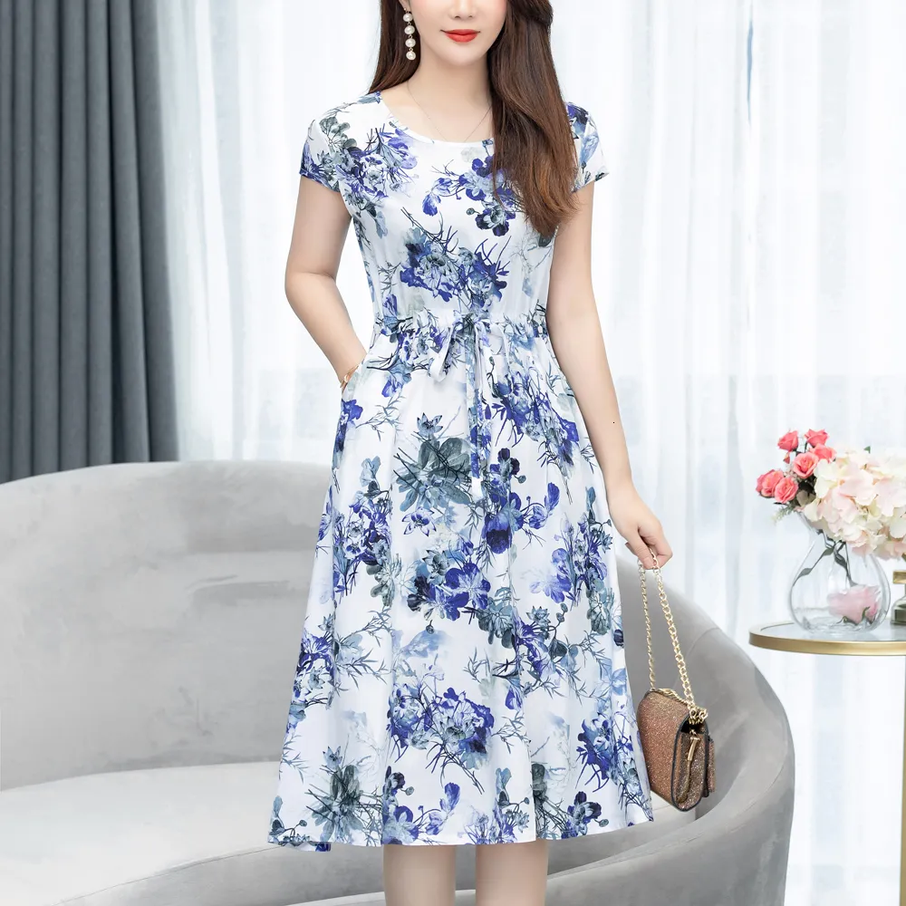 Casual Dresses Fashion Casual Loose Summer Dress For Women Plus Size Clothes Print Elegant O-neck Short Sleeve Natural Woman Clothing 230425