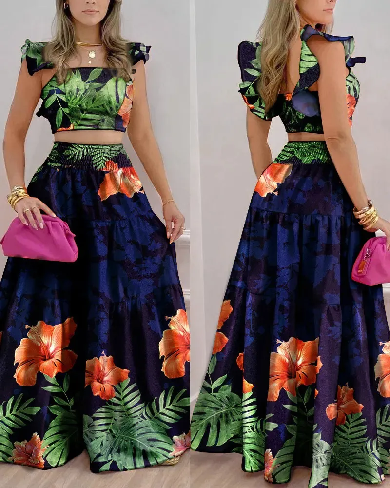 Two Piece Dress Tropical Print Shirred Crop Top kjol Set 230424