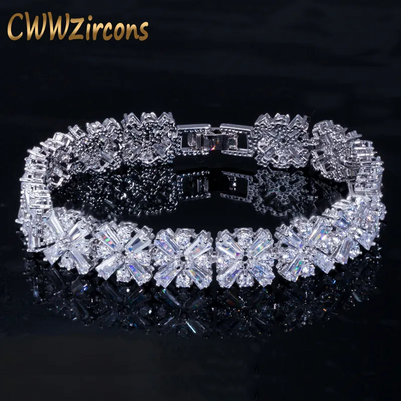 Bracelets de charme CWWZircons Femmes Bijoux De Mode Magnifique Couleur Argent Printemps Fleur Zircon Cubique Connecté Tennis Bracelet pour Mariage CB010 230425